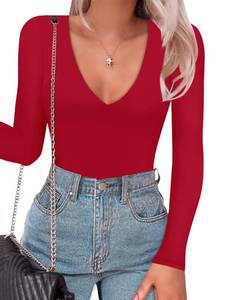 lot 1079 image: SAUNGKUAI Womens Plunge Deep V Neck Long Sleeve Bodysuit Double Lined Thong Body Suit Shirt Tops Red L - Retail $34