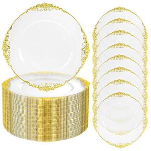 lot 1085 image: ejonirinjonir 50pcs Clear and Gold Charger Plates for Dinner Plates Table Chargers Disposable Charger Plate Charger & Service Plate Chargers Plates Bulk Gold for Wedding,Party - Retail $93