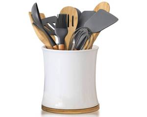 lot 1086 image: Comfify Large Ceramic Kitchen Utensil Holder with Bamboo Base - Modern Utensil Crock for Countertop Organization - Kitchen Counter Organizer for Cooking Tools, Spatulas, Spoons & More - White Ceramic