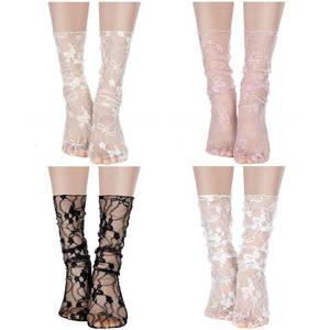 lot 1093 image: Bencailor 4 Pairs Women Sheer Slouch Socks Lace Mesh Novelty Decorated Nylon Loose Ankle High(Black, White, Apricot, Pink)&nbsp