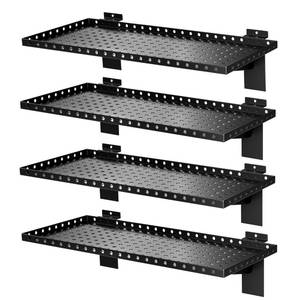 lot 1107 image: BOBIBAN 4 Pack Slatwall Shelves, Heavy Duty Metal Slat Wall Shelf for Retail, Garage, Home Storage, 80 lbs Load Capacity, Universal Slatwall Accessories(10 x 24 Inch-4, Black) - Retail $100