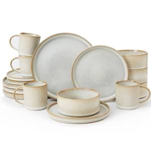 lot 1126 image: Famiware Star Dinnerware Set with Mugs, Service for 4 (16pcs), Ribbed Stoneware Plates and Bowls Dishes Sets - Chip & Scratch Resistant, Microwave & Dishwasher Safe, Cappuccino White - Retail $110