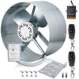 lot 1132 image: Hiorucet Upgraded 15 Inch Gable Attic Fan with Switch, 1300CFM 1850 SQF Low Noise Gable Vent Exhaust Fan with Adjustable Thermostat, 14 Inch Fan Blade and Permanently Lubricated Motor, 1075RPM - Retail $89