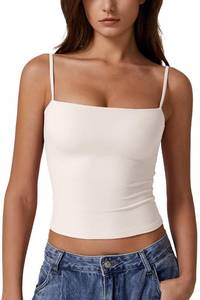 lot 1144 image: QINSEN Basic Cami Tank Top for Women Spaghetti Straps Sleeveless Double Lined Fashion T Shirt Tops Beige L - Retail $19