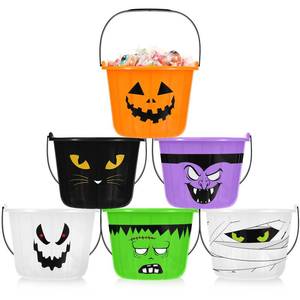 lot 1150 image: Qilery 12 Pcs Halloween Plastic Buckets Bulk with Handle 7 x 6 x 6 Inch Halloween Pumpkin Trick or Treat Buckets Jack O Lantern Candy Basket for Trick or Treat Party Favor Supplies - Retail $32