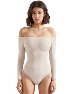 lot 1169 image: SUUKSESS Women Off the Shoulder Long Sleeve Bodysuit Top Double Lined Sexy Thong Bodysuits Shirts (Stone,S) - Retail $32