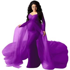 lot 1174 image: Women Ruched V Neck Long Sleeve Tulle Maternity Dress Chiffon Elegant Fitted Photography Gown Slim Fit Floor Length Flowy Wedding Beach Pregnancy Maxi Dress for Baby Shower Photo Shoot Purple 2XL - Retail $60