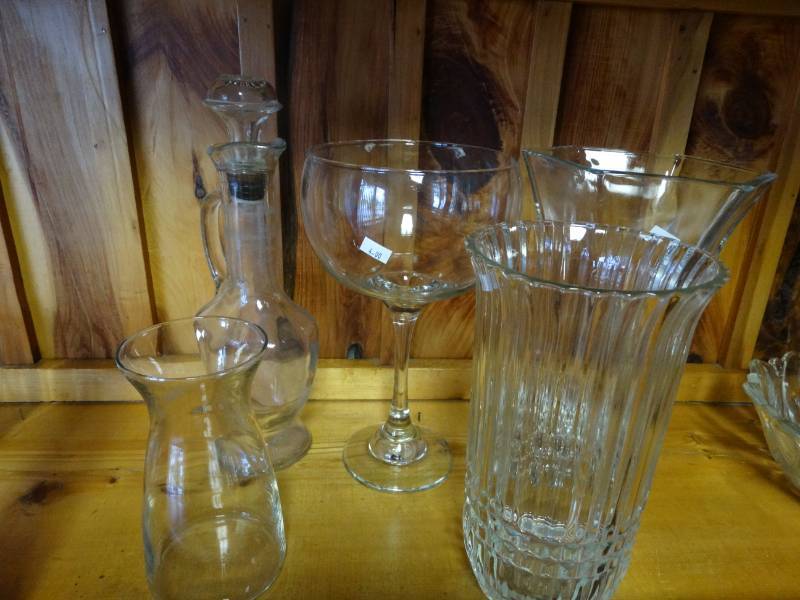 lot 1917 image: 3 Vases, large decorative wine glass, Vinegrette bottle.