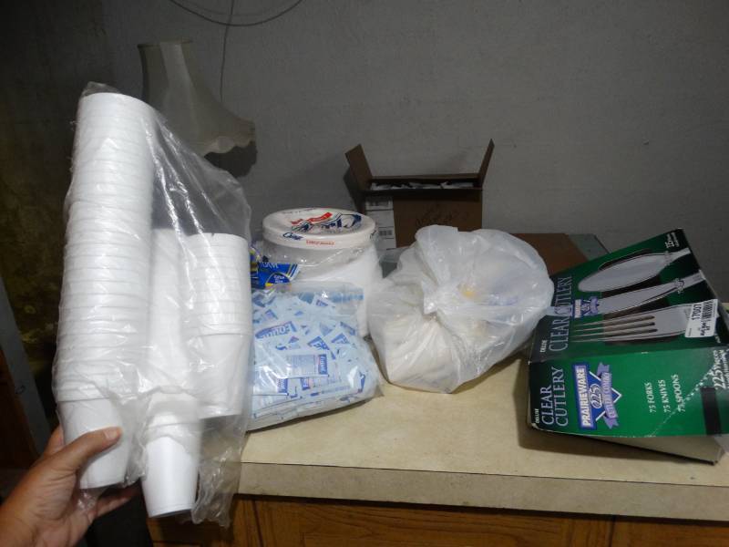 lot 17007 image: Plastic silver wear, foam cups, paper plates, etc.