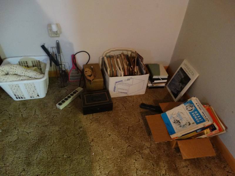 lot 17019 image: Lot of records, basket, bug zapper, grill utensils, etc.
