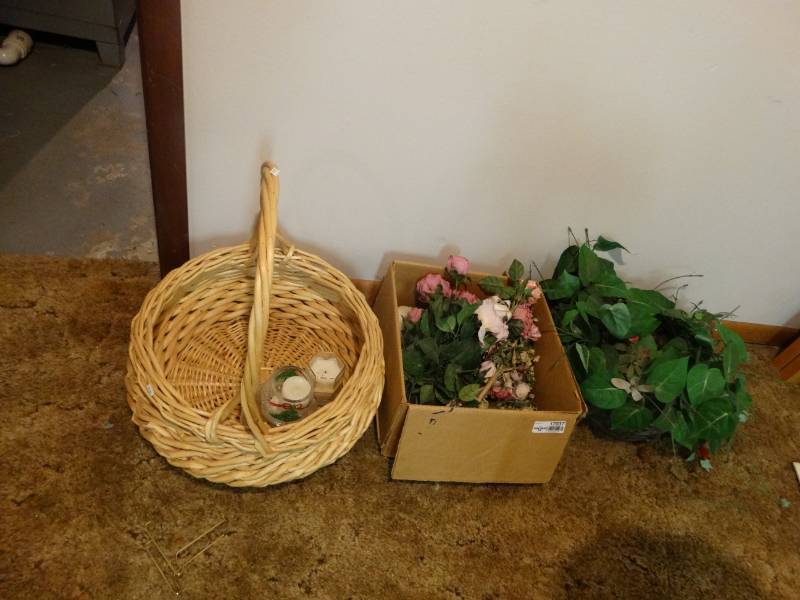 lot 17037 image: Lot of fuax plantsflowers and a basket.