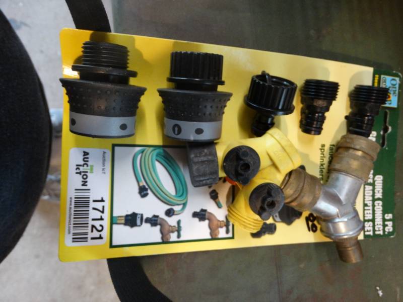 lot 17121 image: Spool of string, craftmans bright drive, garden hose adapter set.