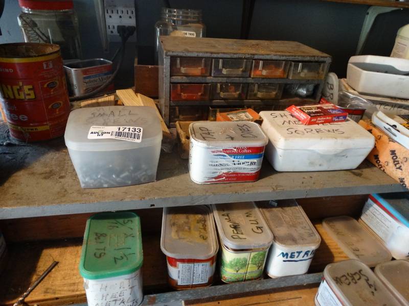 lot 17133 image: Lot of fasthners, 2 staple guns, solder gun.