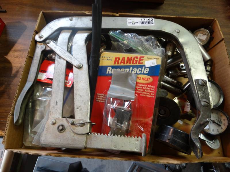 lot 17162 image: Lot of gauges, large clamp & more.
