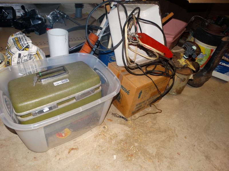 lot 17190 image: Locking case, eletrical, water boots, motor & lots more.