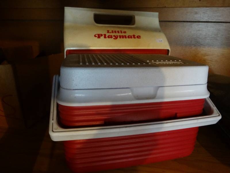 lot 17217 image: Trowels, 2 coolers, scrapers, remington automatic hand trap, 14 cut-off wheels new, & more.