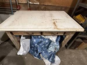 lot 1380 image: VINTAGE PORCELAIN TOP TABLE W 2 DRAWERS..................GAR