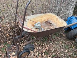 lot 1733 image: Wheelbarrow, dolly, sawhorse brackets and paint mixer -- BY