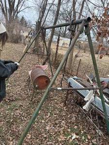 lot 1738 image: Swing set frame, barrel & stand, chair -- BY