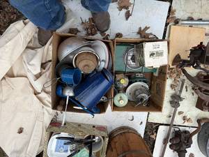 lot 1751 image: 2 boxes of metal camping dishes, kerosene light -- BY