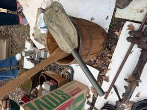 lot 1752 image: Military shovel, oar and wood keg -- BY