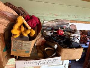 lot 1658 image: Shelf of misc. - gloves, fishing items -- NS