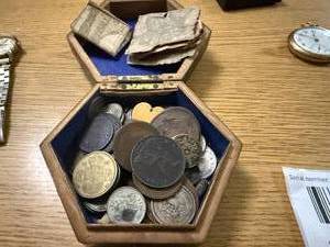 lot 1847 image: MISCELLANEOUS FOREIGN COINS IN WOOD BOX