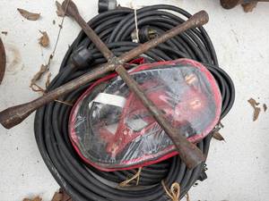 lot 1768 image: 2 extension cords, jumper cables, 4-way -- BY