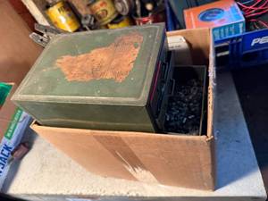lot 1953 image: METAL ORGANIZER BOX W CHAIN PARTS & BOX OF CHAINSAW CHAINS- SHOP EW