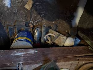lot 1966 image: UNDER SHELF L 12- SCRAP LEAD, MELTING POTS, INGOT MOLD