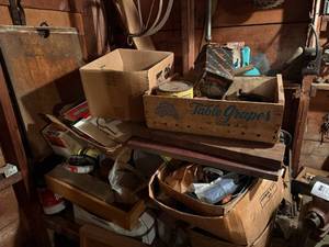 lot 2123 image: MISCELLANEOUS ITEMS IN PILE IN CORNER & ITEMS ON WALL- SHOP WW