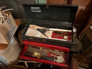 lot 2141 image: TWO DRAWER TOOL BOX W LIFT TOP & MISCELLANEOUS TOOLS- SHOP WW