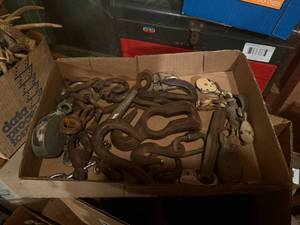 lot 2143 image: CHAIN HOOKS, CLEVIS & METAL ROPE PULLEY- SHOP WW