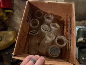 lot 2149 image: BOX OF GLASS CREAM BOTTLES- SHOP WW