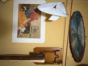 lot 1884 image: WOODEN PAINTING, HORSE BRIDLE & 2 BELTS- SBD