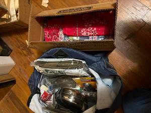 lot 1888 image: BUG-OUT, CAMPING BAG, MESS KIT W BOX OF HANKIES & BANDANAS- SBD