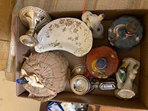 lot 1898 image: BOX OF VINTAGE DISHES, CANDLE HOLDERS, DOLL, DECORATIVE DISHES & TIN BOXES- SBD