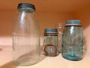 lot 2209 image: BLUE GLASS VINTAGE CANNING JARS WITH LIDS (MASON-1858) PRESTO, BALL & ATLAS- HC