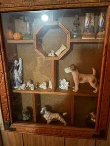 lot 2216 image: INTRICATE WOOD AND GLASS CABINET WITH MINIATURE FIGURINES- LR