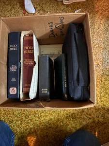 lot 2229 image: BOX OF BIBLES (ONE (1) JUMBO PRINT BIBLE) & OTHER BIBLES, HYMNALS, AUDIO BIBLE-LR