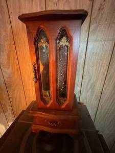 lot 2259 image: STANDING WOOD JEWELRY CABINET WITH JEWELRY- LR