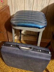 lot 2281 image: VINTAGE SUITCASE & METAL STOOL WITH VINYL TOP- LR