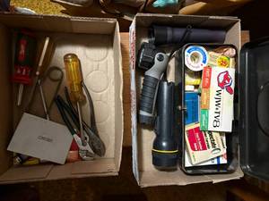 lot 2169 image: TWO (2) BOXES OF MISC. TOOLS, FLASHLIGHTS & MEDICAL SUPPLIES- LR