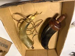 lot 1185 image: TWO (2)  CURVED POWDER HORNS WITH CARVED ORE
