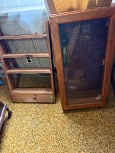 lot 2247 image: Wood & glass display cabinet, wall wood rocks -- LR