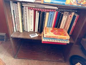 lot 1516 image: Wood shelf full of cookbooks -- DR