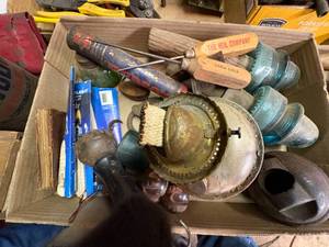 lot 1947 image: Misc. ice pick, antique lanterns, steel acorn -- NS