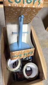 lot 29 image: Mystery Box Misc and Blue Solid Wood Paper Towel Holder - Retail $15