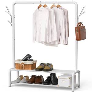 lot 1401 image: Simple Houseware 52-Inch Freestanding Closet Garment Rack with Storage Shelves and CoatHat Hooks, White