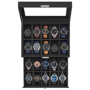 lot 1409 image: SONGMICS Watch Box, 20-Slot Watch Case Organizer with Large Glass Lid, Removable Pillows, Metal Lock, Gift for Loved Ones, Black Synthetic Leather, Black Lining UJWB020B01